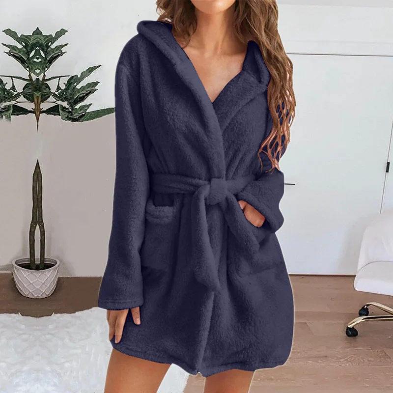 Herbst Winter Damen Sexy Bademantel Flauschiger Plüsch Pyjama Damen Kapuzen-Bademantel Einfarbiger Morgenmantel Warmer Bademantel Damen Loungewear – Detail 13