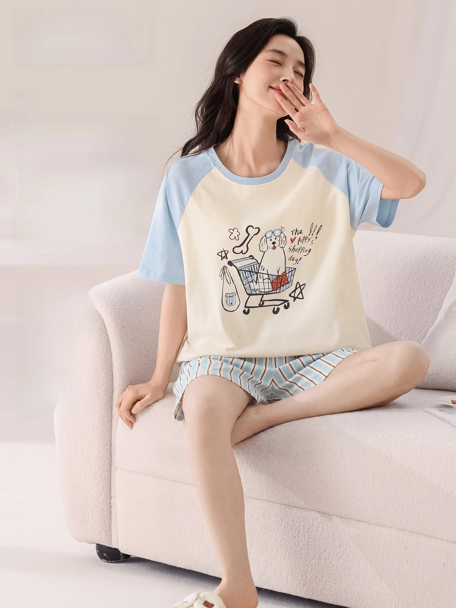 liren-純綿パジャマ女性スタイル夏の新しい半袖ショートパンツ薄いホーム服セットかわいい漫画ルーズフィット