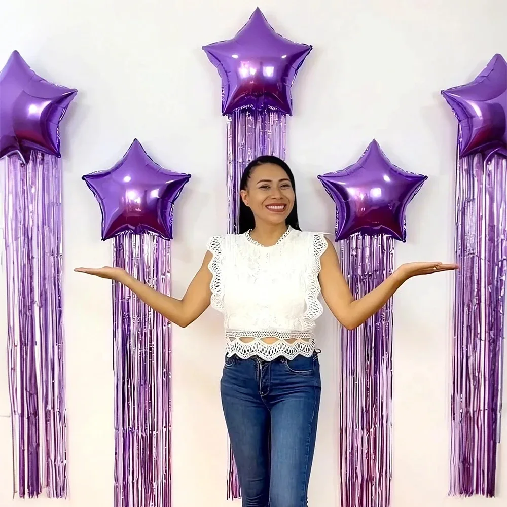 Lot de 6 ballons étoiles à cinq branches de 18 pouces avec rideau de pluie à pampilles, décorations de fête pour anniversaires, mariages, baby showers, ballons en aluminium