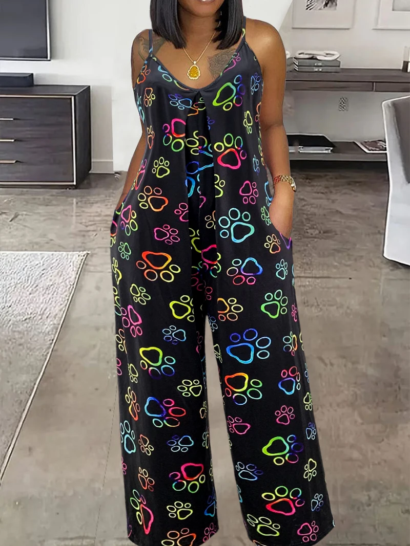 

Plus Size Paw Print Cami Jumpsuit, Casual Sleeveless Jumpsuit With Pockets For Summer, Women's Plus Size Clothing
