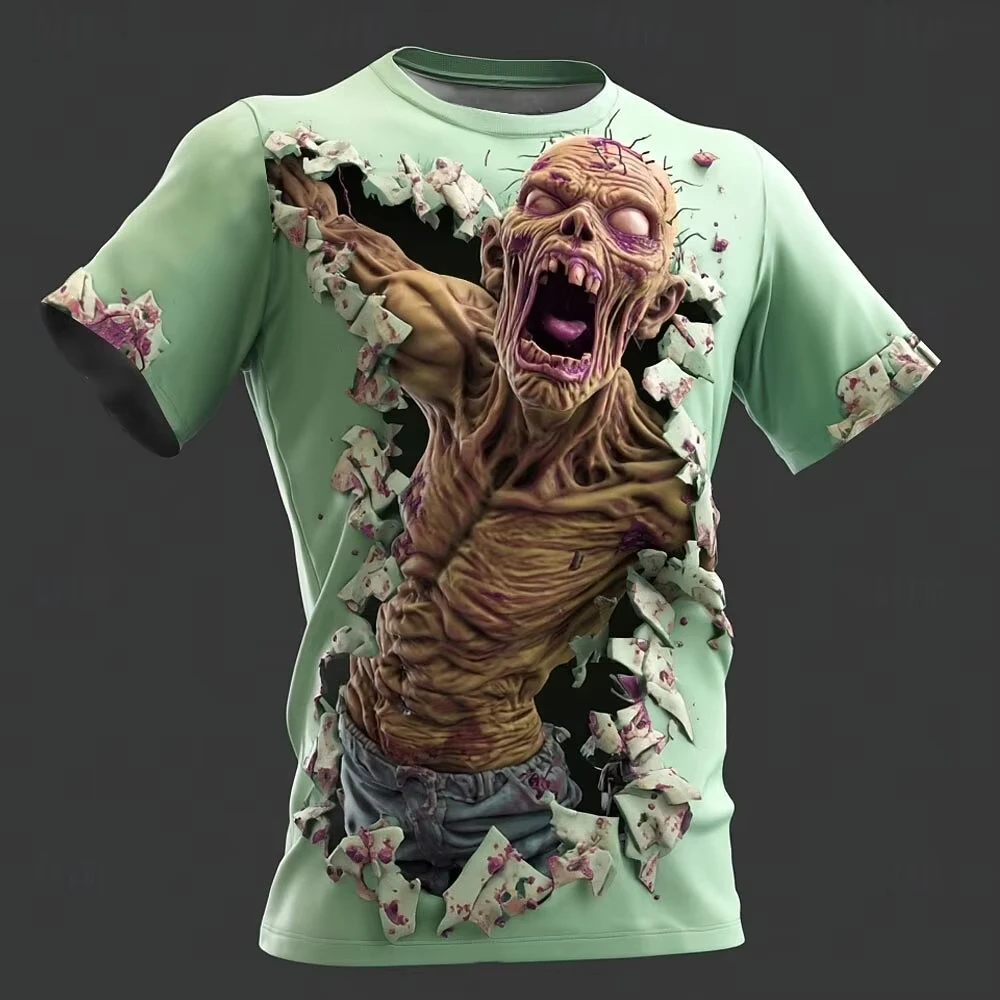 Men 3D Rip‑Effect Monster Print T‑Shirt O‑Neck Short Sleeve Casual Loose Halloween Streetwear Tops