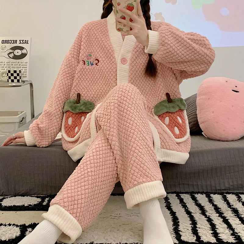 Yasuk Winter Women Girl Casual Warm Soft Hooded Sleepwear Pajamas With Pant Velvet Fleecel Cute Thick Pocket Strawberries Sweet