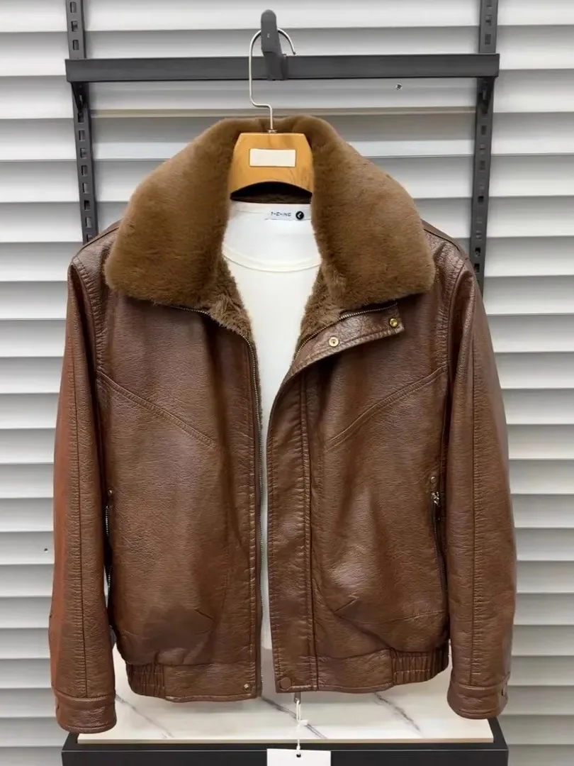 

Мужская куртка из искусственной кожи на подкладке, осень-зима, новинка, теплый меховой воротник, высокое качество, крутая мода, универсальный Busin Sle