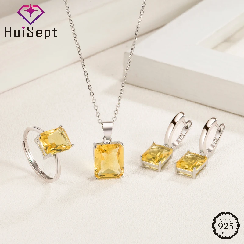 

HuiSept Jewelry Set Earrings Ring Pendant Necklace Rectangle Shape Zircon 925 Silver Accessories for Women Wedding Party Gifts
