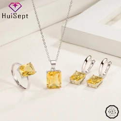 HuiSept Jewelry Set Earrings Ring Pendant Necklace Rectangle Shape Zircon 925 Silver Accessories for Women Wedding Party Gifts
