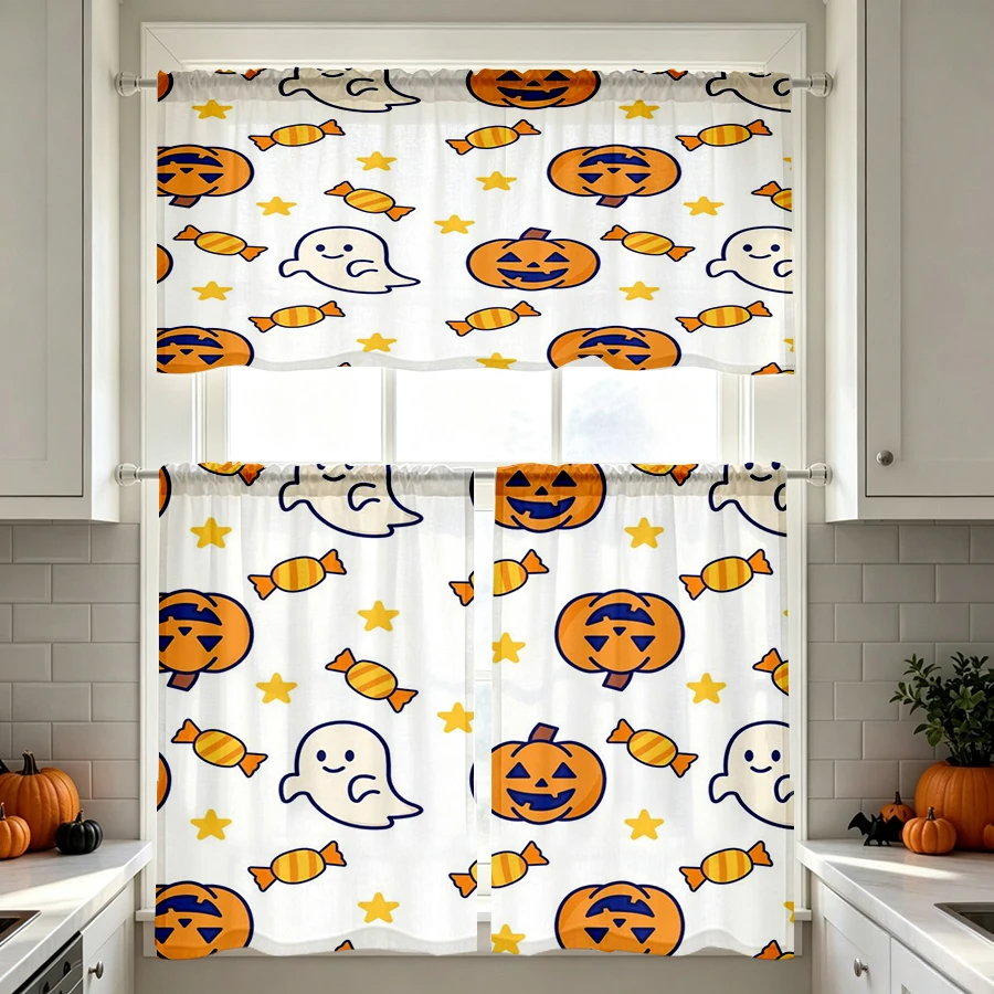 Halloween Fall Kitchen Curtains, White Pumpkin Ghost Candy, Digital Print, Kitchen Dining Room, Rod Pocket Polyester, Home Decor