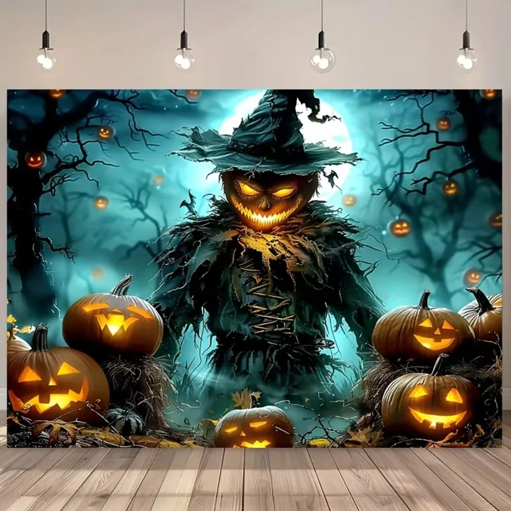 Halloween Scarecrow Pumpkin Elf Fog Forest Theme Banner Background, Halloween Party, Home Decoration Photography Backdrop Cloth