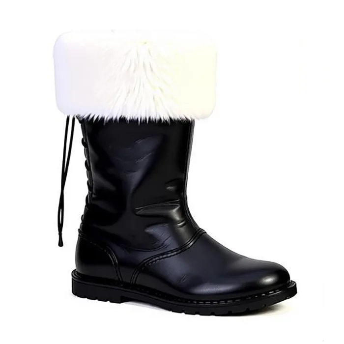 Men Winter Mid‑Calf Snow Boots PU Leather Boots With Furry Cuff Side Zipper Back Lace‑Up Non‑Slip Thick Sole Casual Winter Shoes 4