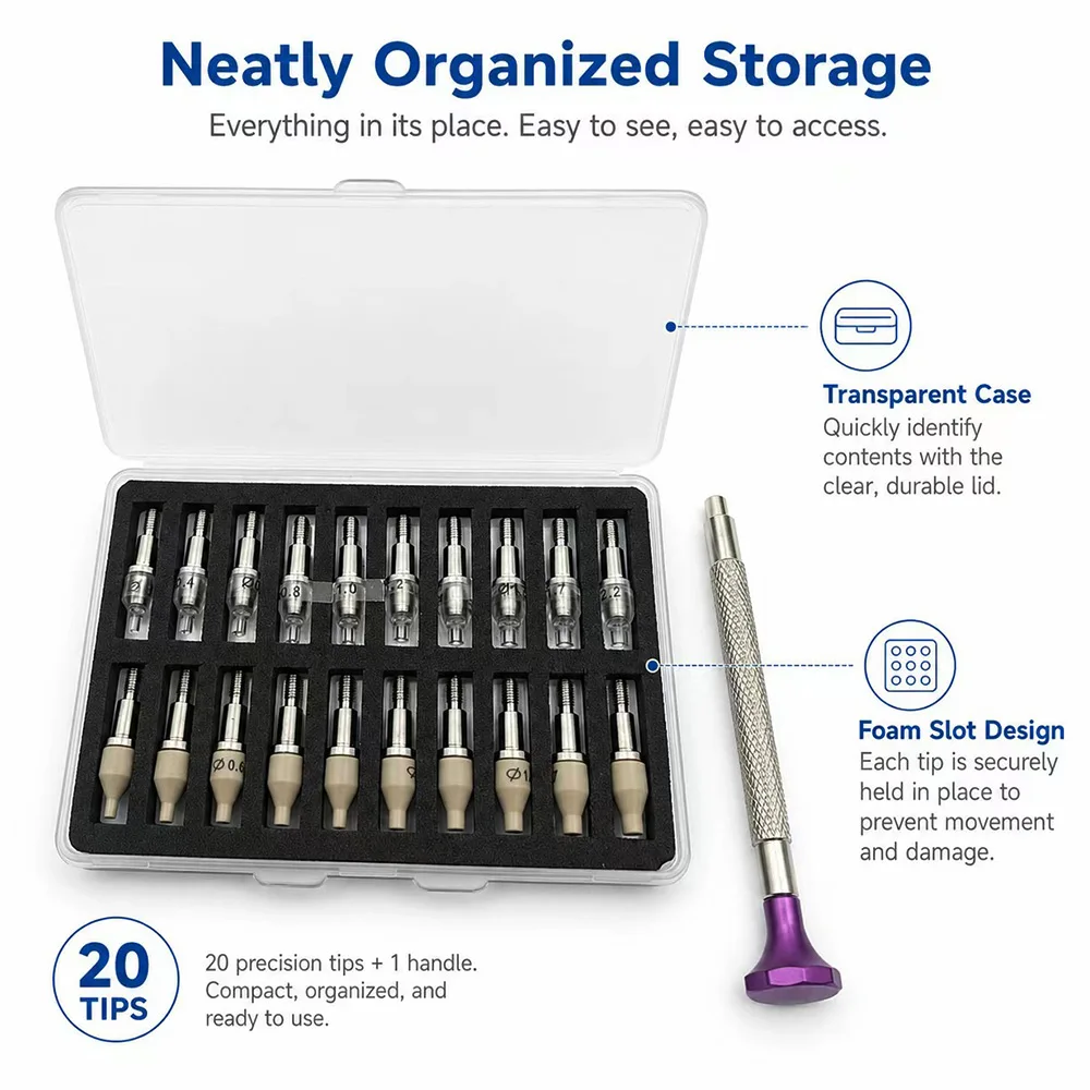 21Pcs/Set Watch Hand Press Tool Set Metal Handle 20 PEEK Acrylic Tips 0 to 2.2mm Watch Repair Tool Watch Hand Press Tool