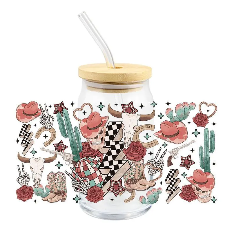 3D UV DTF Cowboy Design Cool Transfer Sticker Wraps Cup Waterproof High Qaulity Sticker 16oz Libbye Glass Cup