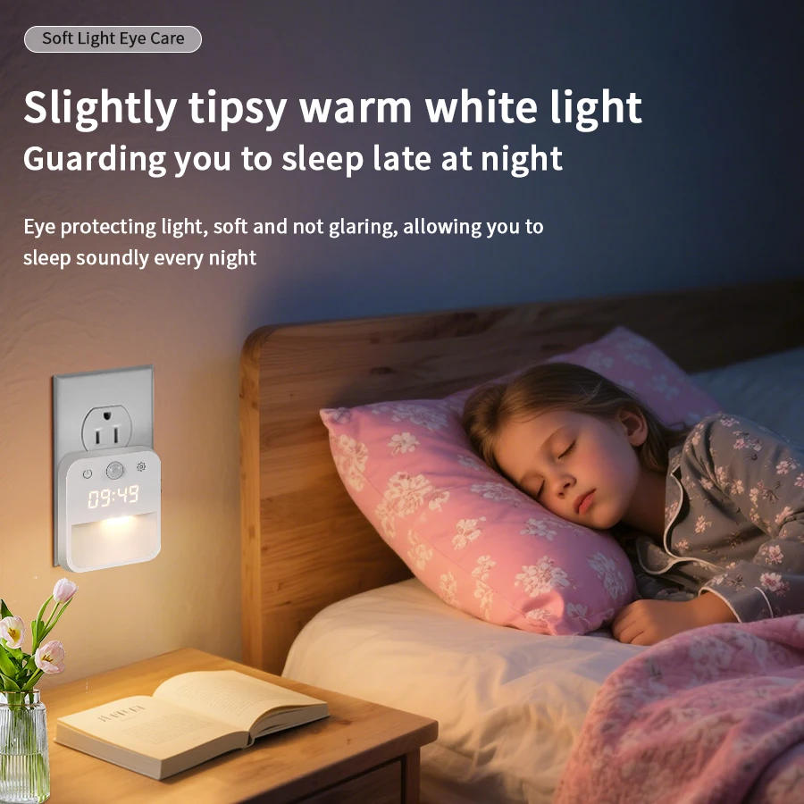 Human Body Induction Night Light Clock with EU/US Standard Socket 110V-220V Infinite Dimming Three Color Switching Display