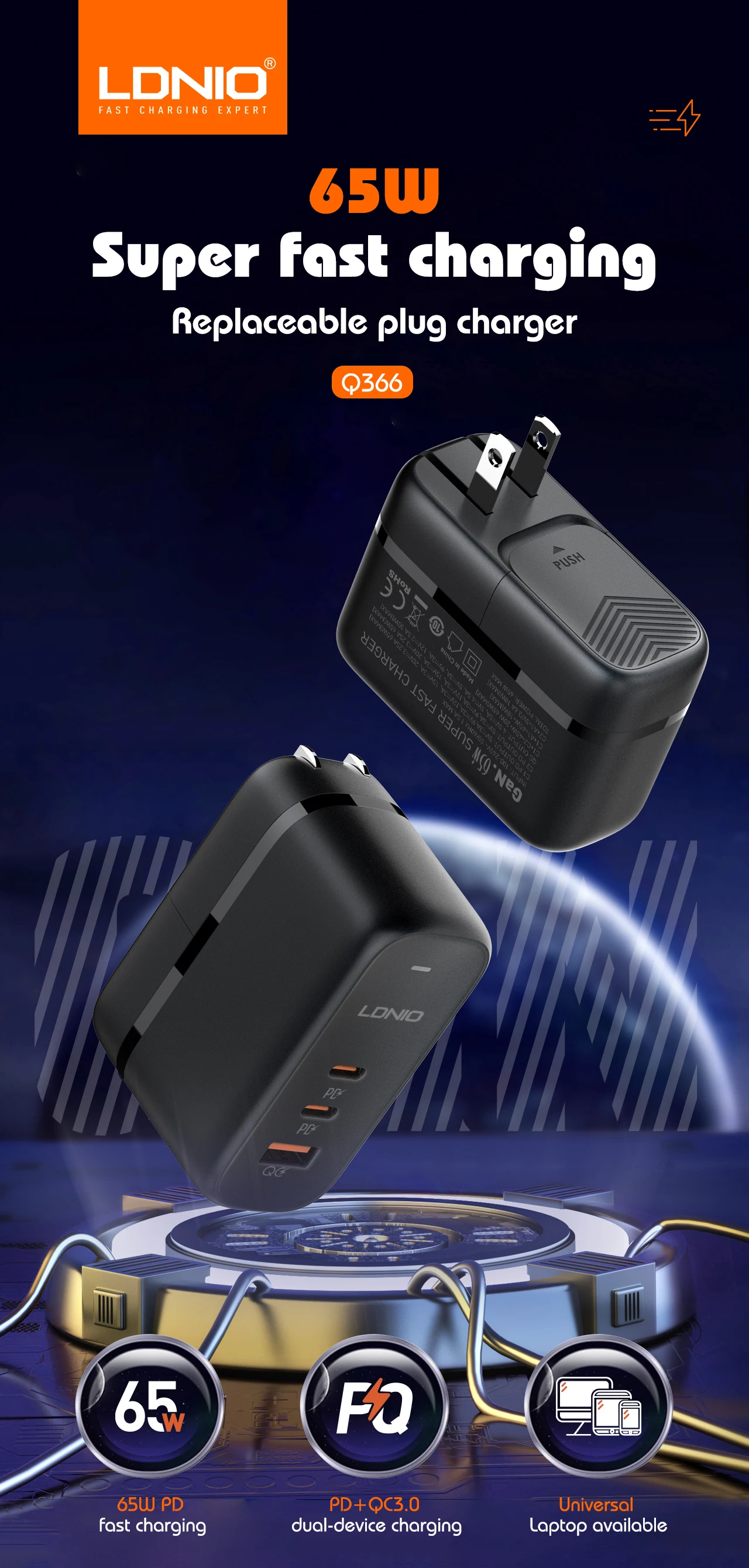LDNIO GaN 65 W USB C Ladegerät Reiseladegerät PD QC Wandladegerät 3 Port Internationaler Steckeradapter EU UK US AU Reisesteckeradapter – Detail 1