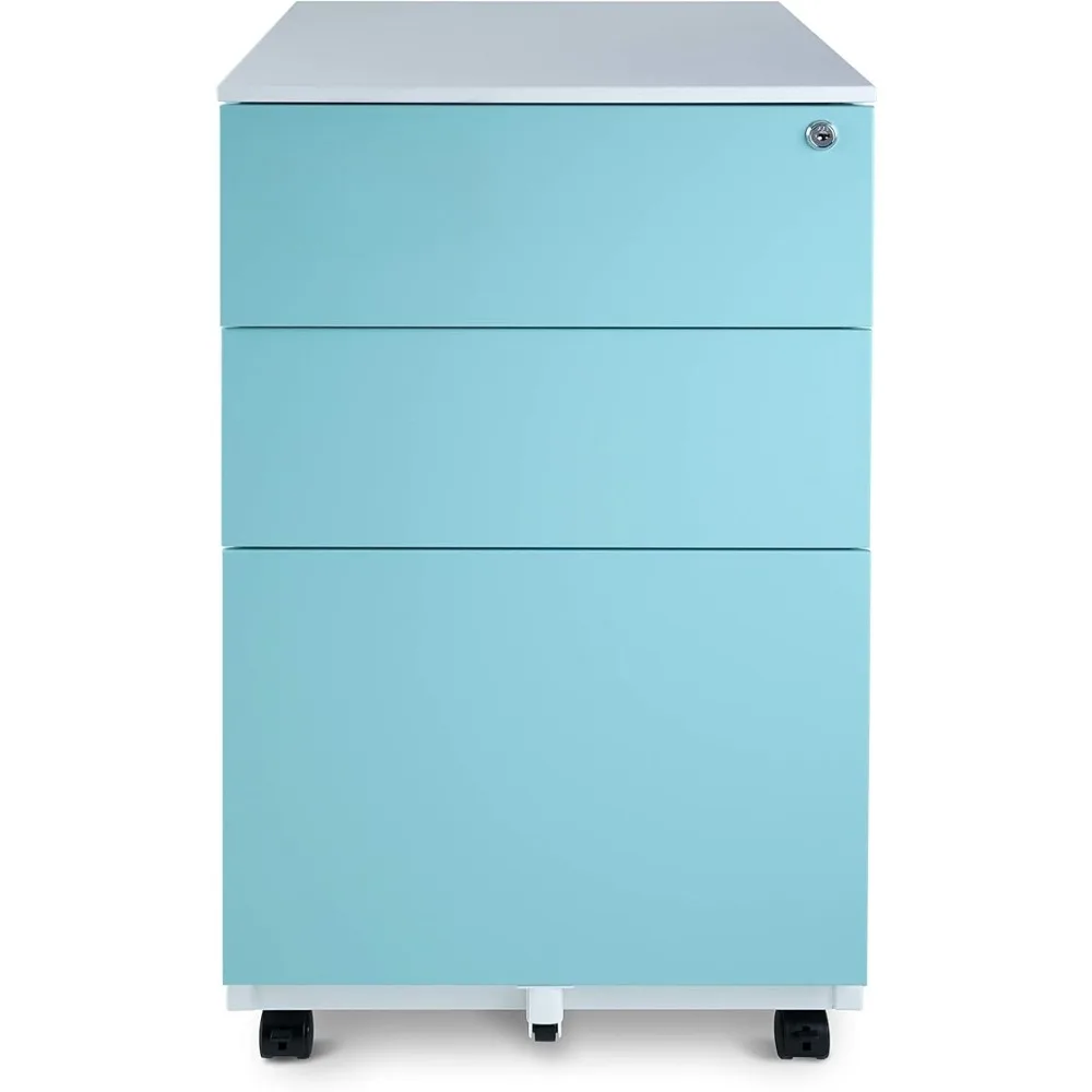 

Mobile File Cabinet 3-Drawer Metal with Lock Key Sliding Drawer, White/Aqua Blue, Fully Assembled, Ready to Use