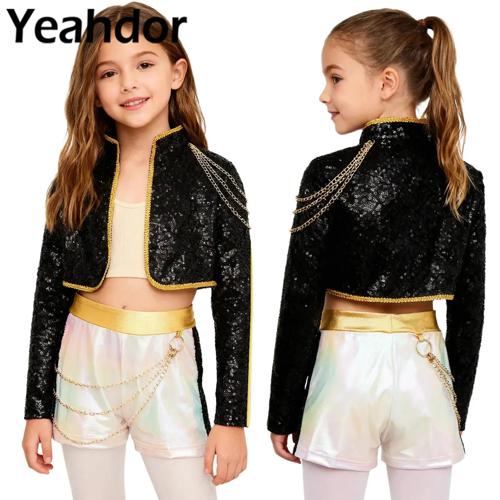 

Girls 3Pcs Demon Popular Singer Outfits Halloween Party Costume with Sequins Long Sleeve Jacket Iridescent Crop Top Shorts