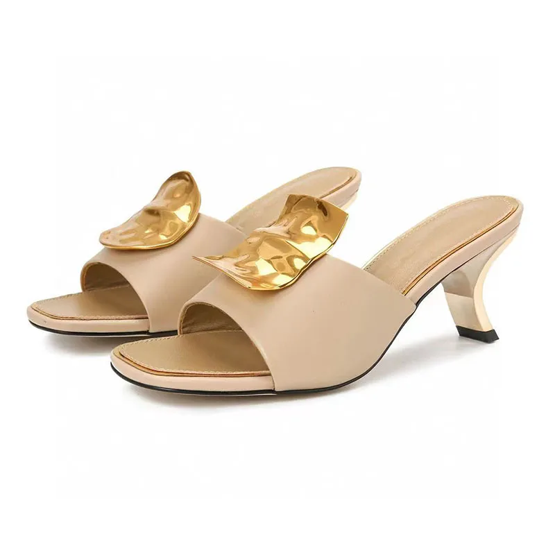 Gold Metal Decor Gladiator Sandals Woman Open Toe Black Green Brown Leather Strange High Heel Shoes Lady Sexy Muller Slippers image 6