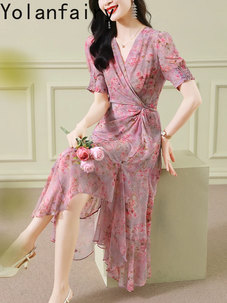 YOLANFAIRY 100% فساتين حرير التوت الحقيقي الصيف امرأة أنيقة فستان فاخر جودة عالية فستان طويل الأزهار الملابس النسائية