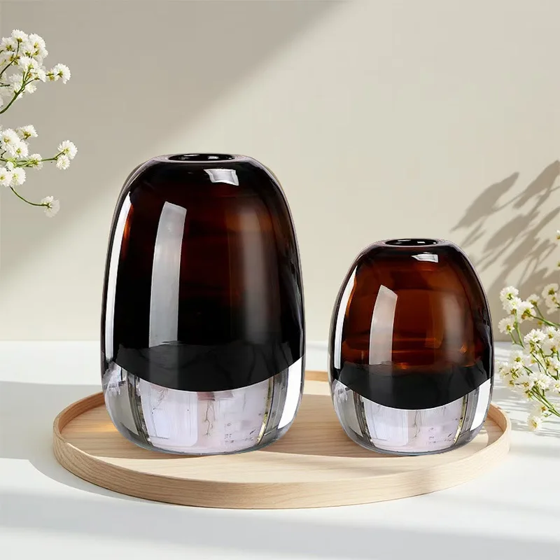Light Luxury Vase with Thickened Caramel Colored Glass Vase Living Room Bedroom Dining Table Flower Vase, Soft Decoration Decor