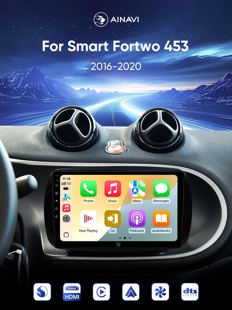 Ainavi Autoradio für Mercedes Benz Smart Fortwo 453 2016 - 2020 Android 13 Wireless CarPlay Android Auto Multimedia-Player HDMI 2 DIN Autoradio