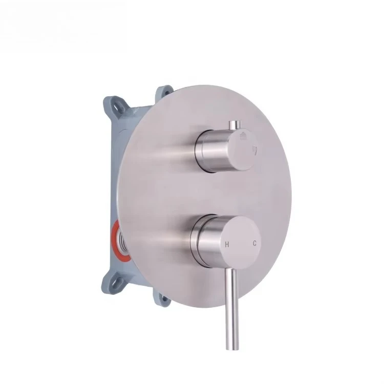 

Round 304 Stainless Steel Faucet Brushed Finish Pin Handle Bath and Shower Faucet With Diverter and Back Plate