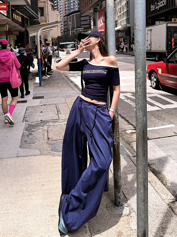 

Loose Slimming Wide Leg Casual Trousers Women's Cargo Pants Dstring Parachute Sle High Waist Polyester Fiber Summer 2025