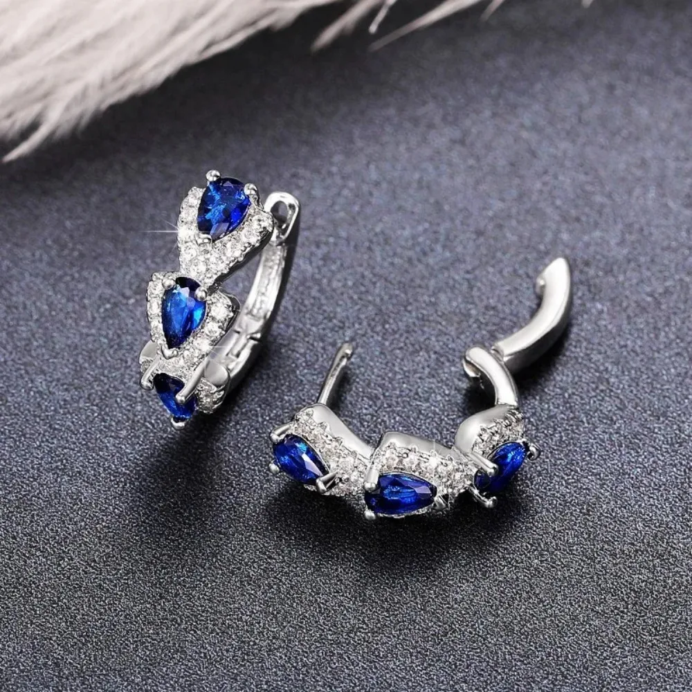 925 Sterling Silver Luxury Trendy Blue Cubic Zirconia Hoop Earrings Wedding Party Elegant Accessories for Women Jewelry Gift image 3