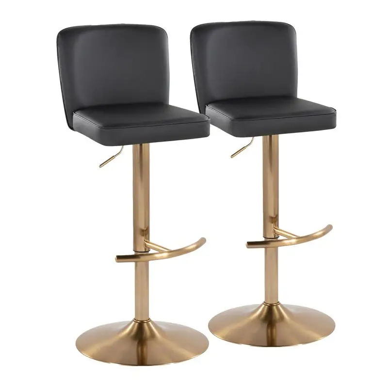 Set of 2 Adjustable Swivel Barstools in Gold Metal with Black Faux Leather and Rounded T Footrest
