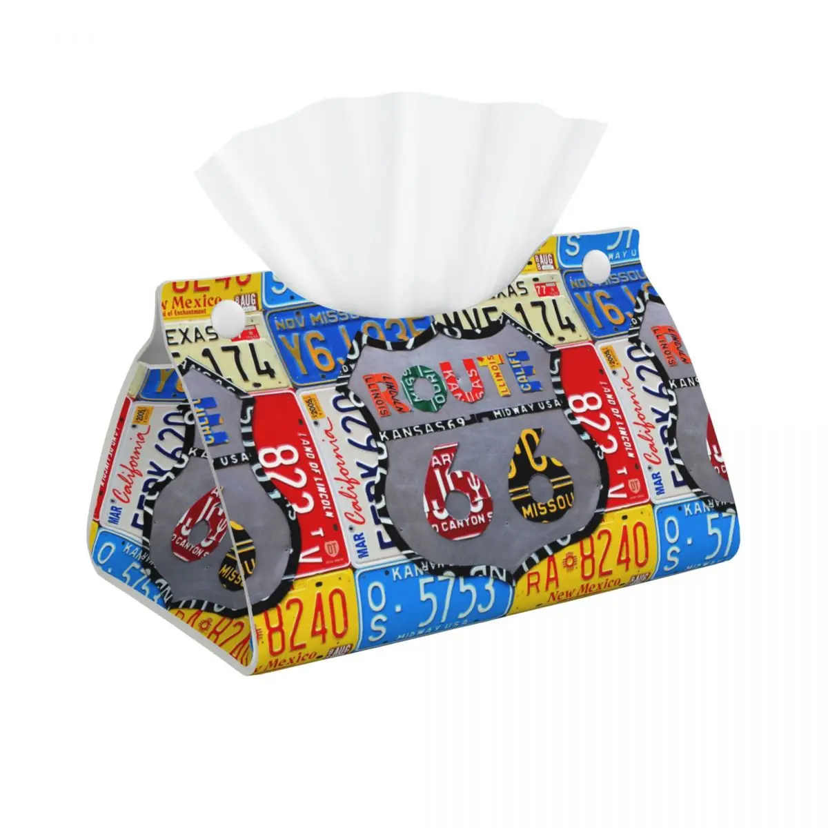 Custom Route 66 License Plate Art Tissue Box Cover Rectangular PU Leather American Road Facial Tissues Holder for Car