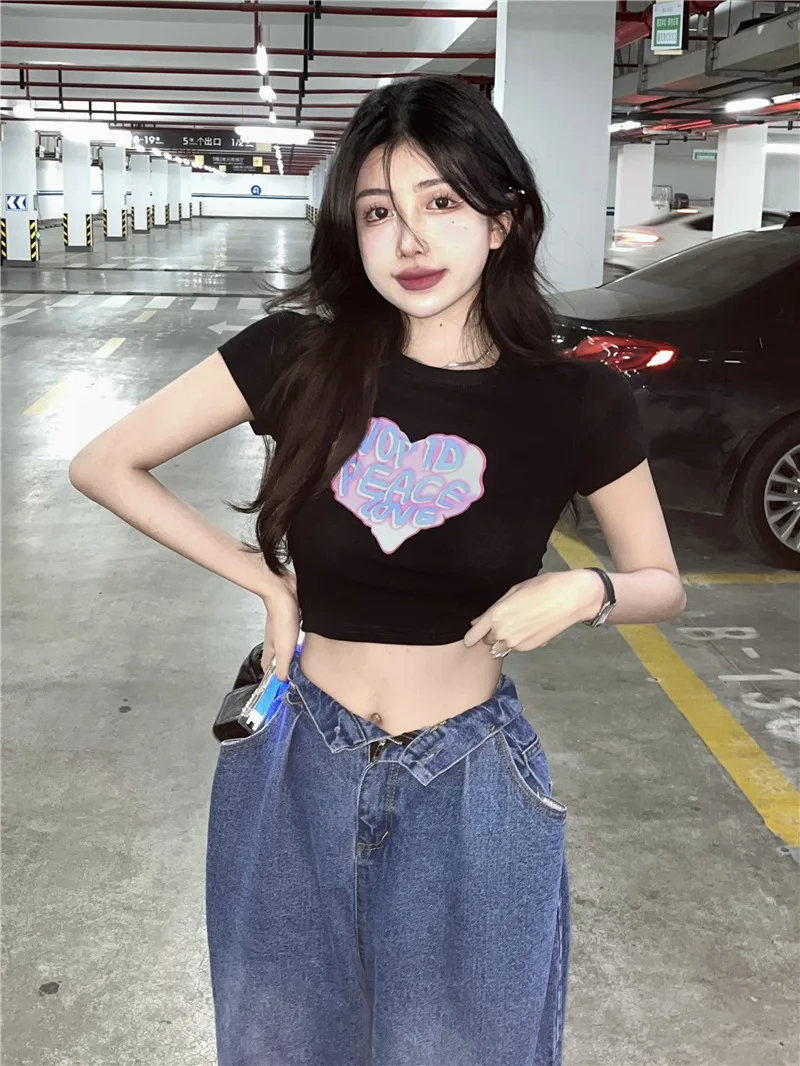 Camiseta de manga corta para mujer, Top corto ajustado con estampado de hermana Ins de verano