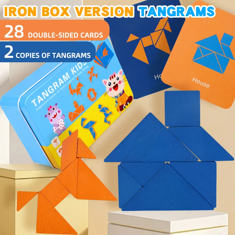 

Детский деревянный набор головоломок Танграм, красочная железная коробка, доска-карта, детские игрушки для раннего развития, интеллект, цифры и буквы, подарки