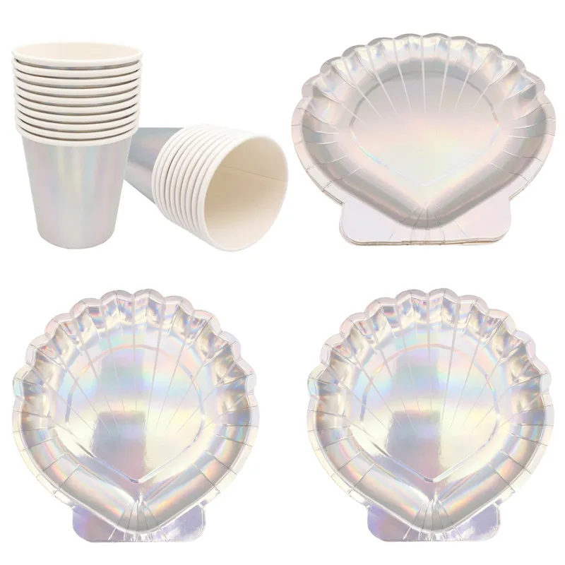 8Pcs Laser Shell Paper Plates Cups Disposable Tableware Girl Happy Birthday Party Baby Shower Ocean Mermaid Theme Party Supplies