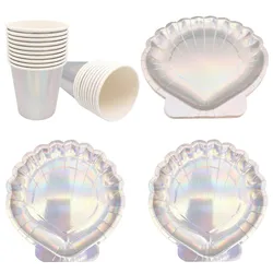 8Pcs Laser Shell Paper Plates Cups Disposable Tableware Girl Happy Birthday Party Baby Shower Ocean Mermaid Theme Party Supplies