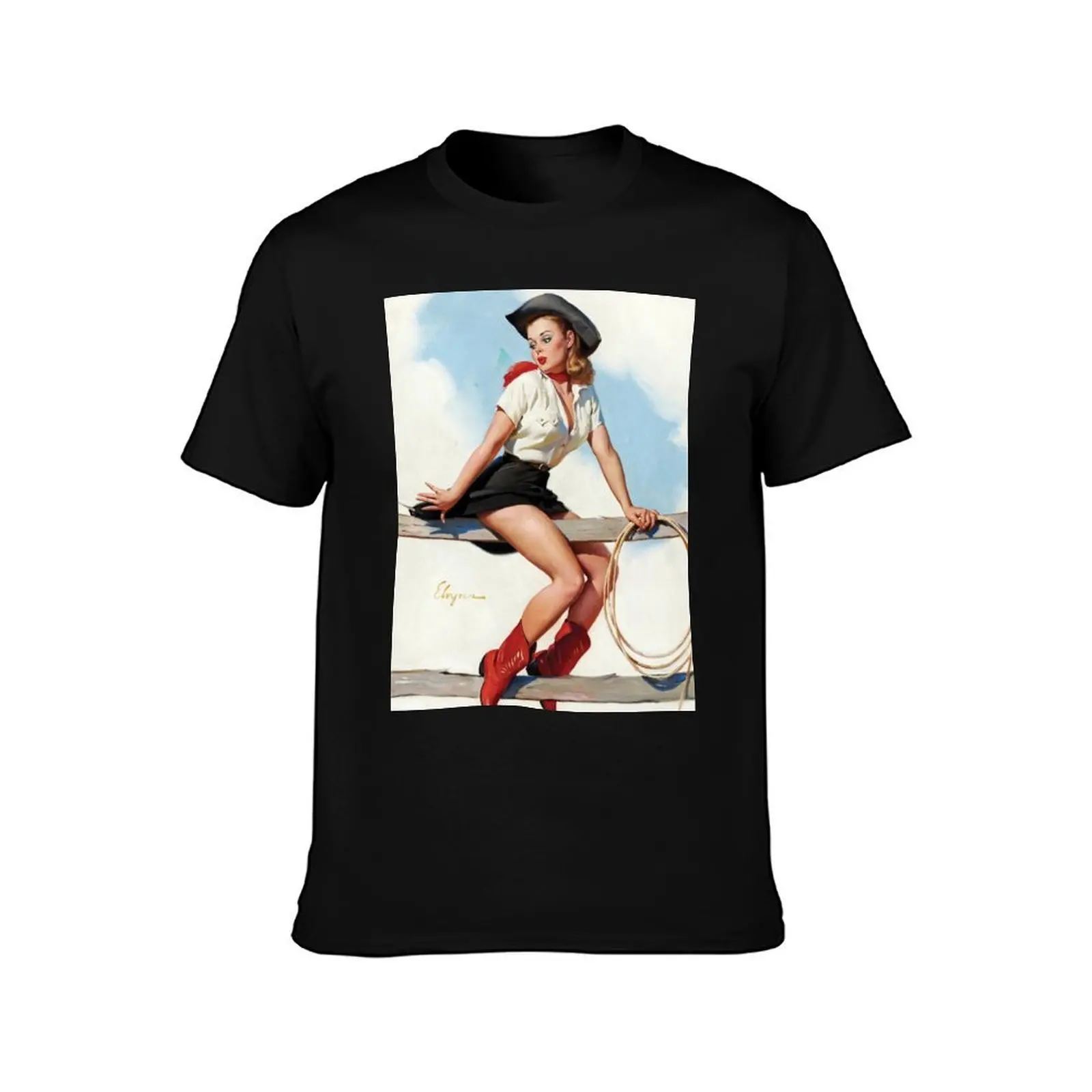 Cowgirl on Fence Vintage Pin Up T-Shirt, Summer Casual Cotton Tee, Oversized Streetwear Tops, Vintage Graphic Print, 100% Cotton