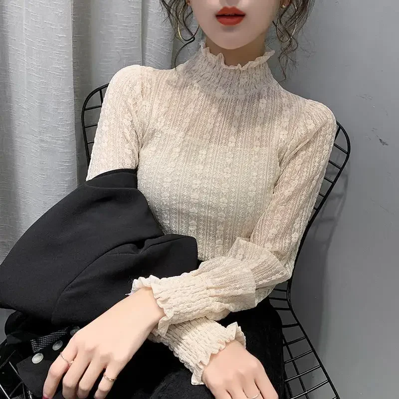 

Women's Turtleneck Lace Autumn Winter Long Sleeve Mesh Top Blouse Women Blusas Ropa De Mujer