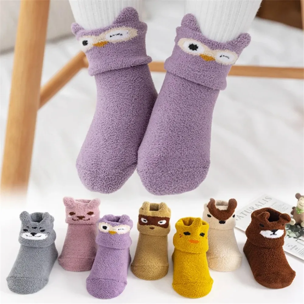 1PCS Gray Silicone Non-Slip Baby Sock Newborn Soft Coral Fleece Toddler Sock Cartoon Floor Infant Elastic Socks For 0-1 Year Kid