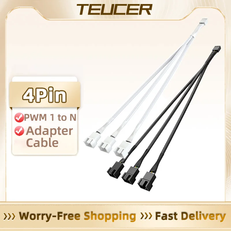 TEUCER 4-pin 1 to 4 Way PWM Fan Splitter Cable Cooled 1 to 2/3/4 Way Tap Sleeve Extension Braided Cable Extension fan connector