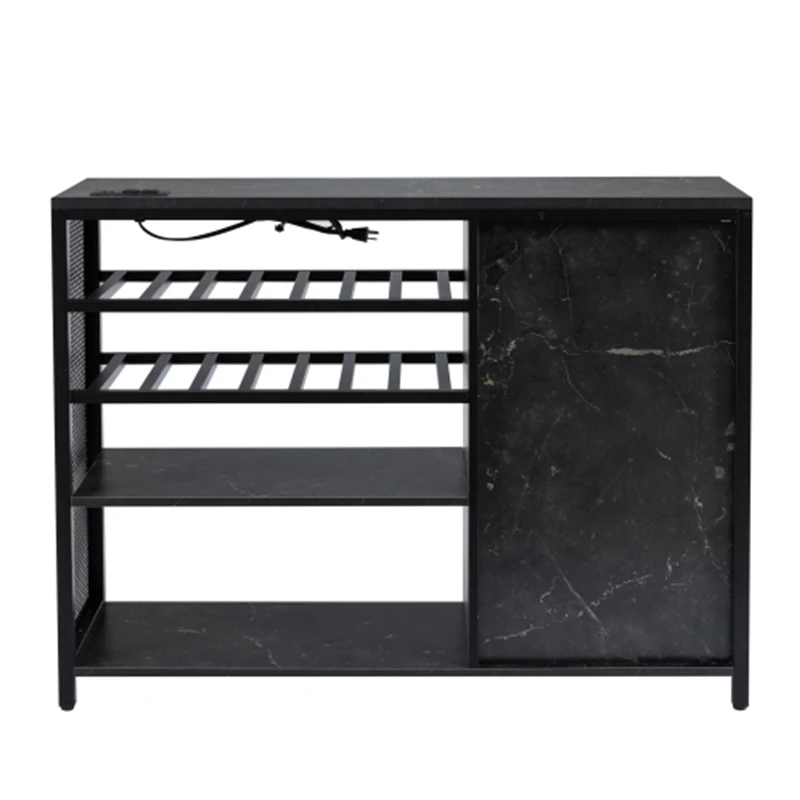 Gabinete de bar, gabinete de bar de vino, credenza de almacenamiento de licores, tablero lateral con estantes para vino y soporte para copas, con enchufe UAB, negro