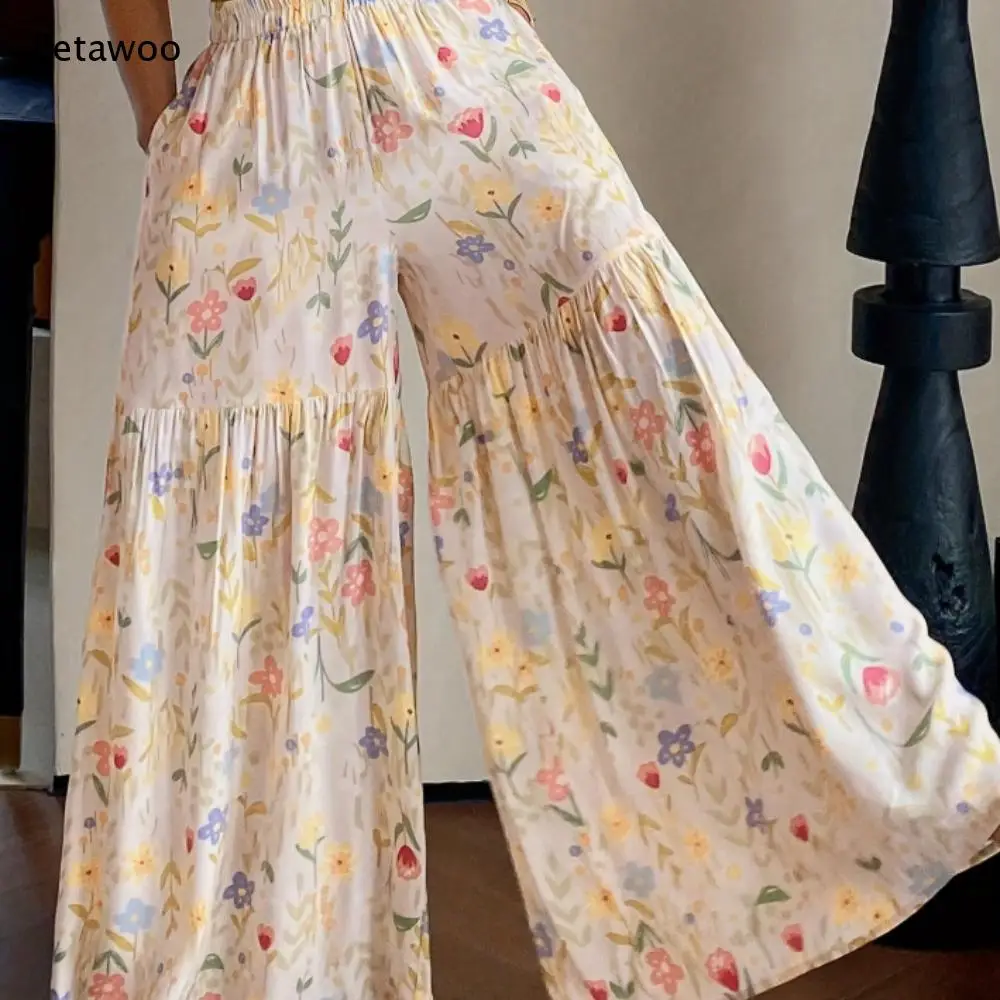 Women Floral Print Wide Leg Elastic High Waist Ruffle Trousers with Side Pockets Pants for Vacation Casual Daily Wear