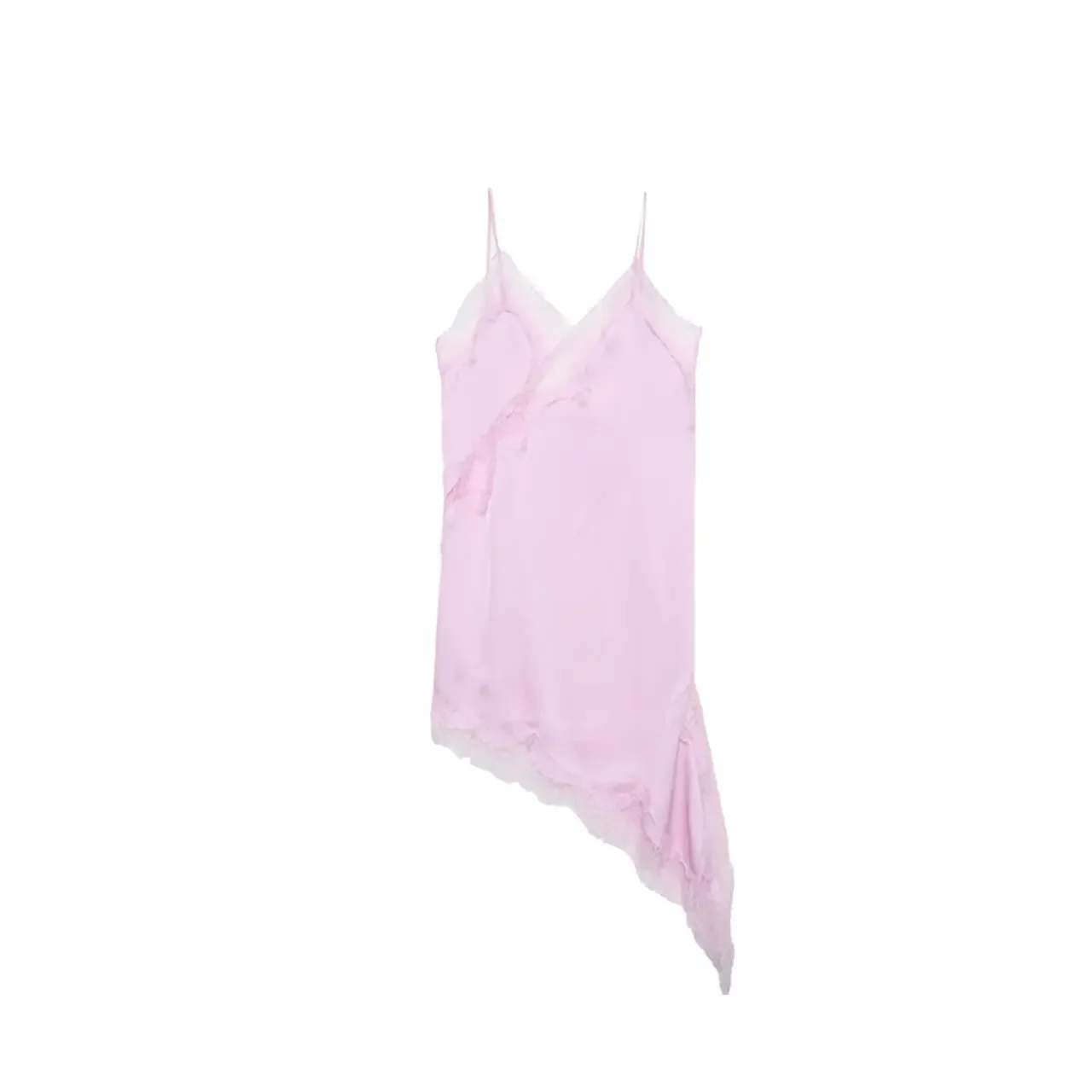 Silk Satin Lace Trim Asymmetric Slip Dress Women's Sexy Elegant Bias Cut Evening Gown