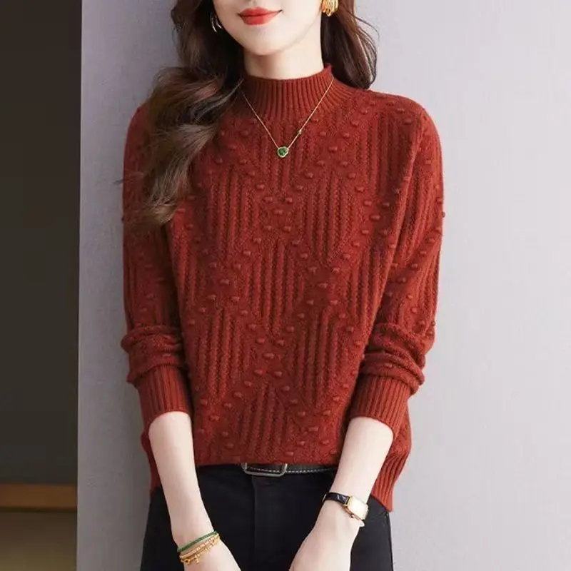 Fundo de malha 2025 novo para mulher solto estilo preguiçoso losango ponto cor sólida meia gola alta all-match camisola