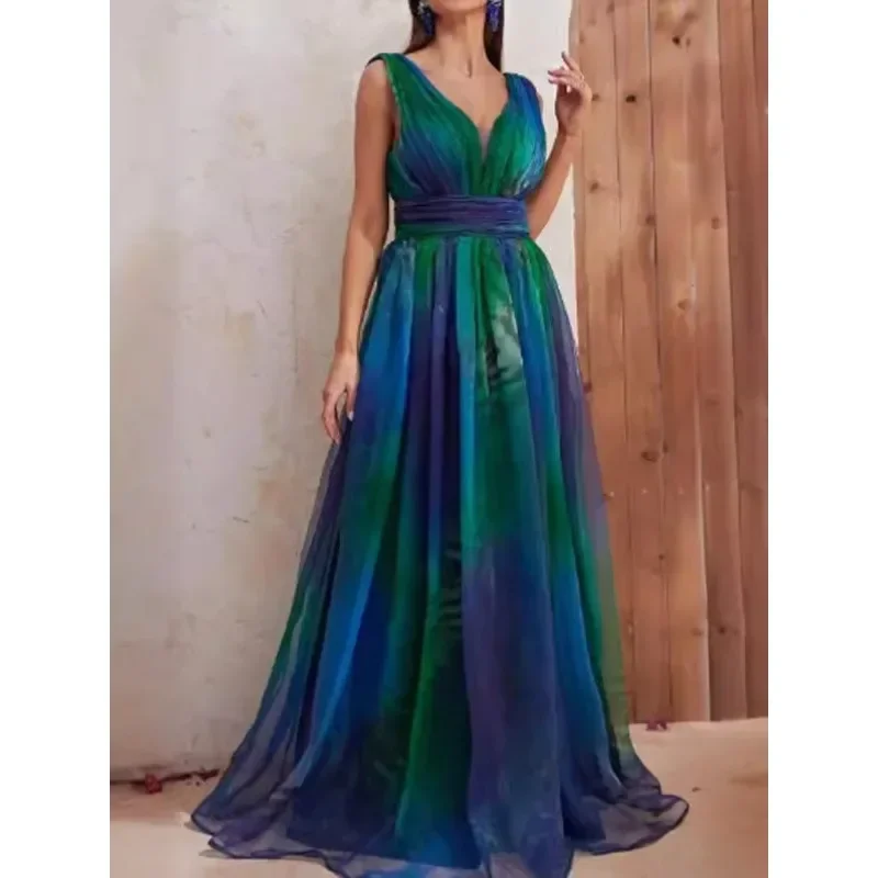 Elegant Chiffon V Neck Mesh Backless Folds Bohemian Gala Graduation Evening Dress 2024 Women Corset Floor Length Party Dress