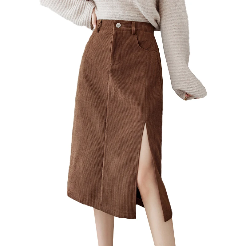 

Korean Fashion Sexy Split Woman Skirts Womens Medium-long corduroy Wrap Skirt Lady Casual Female Girl Black Skirt Dropshipping 2