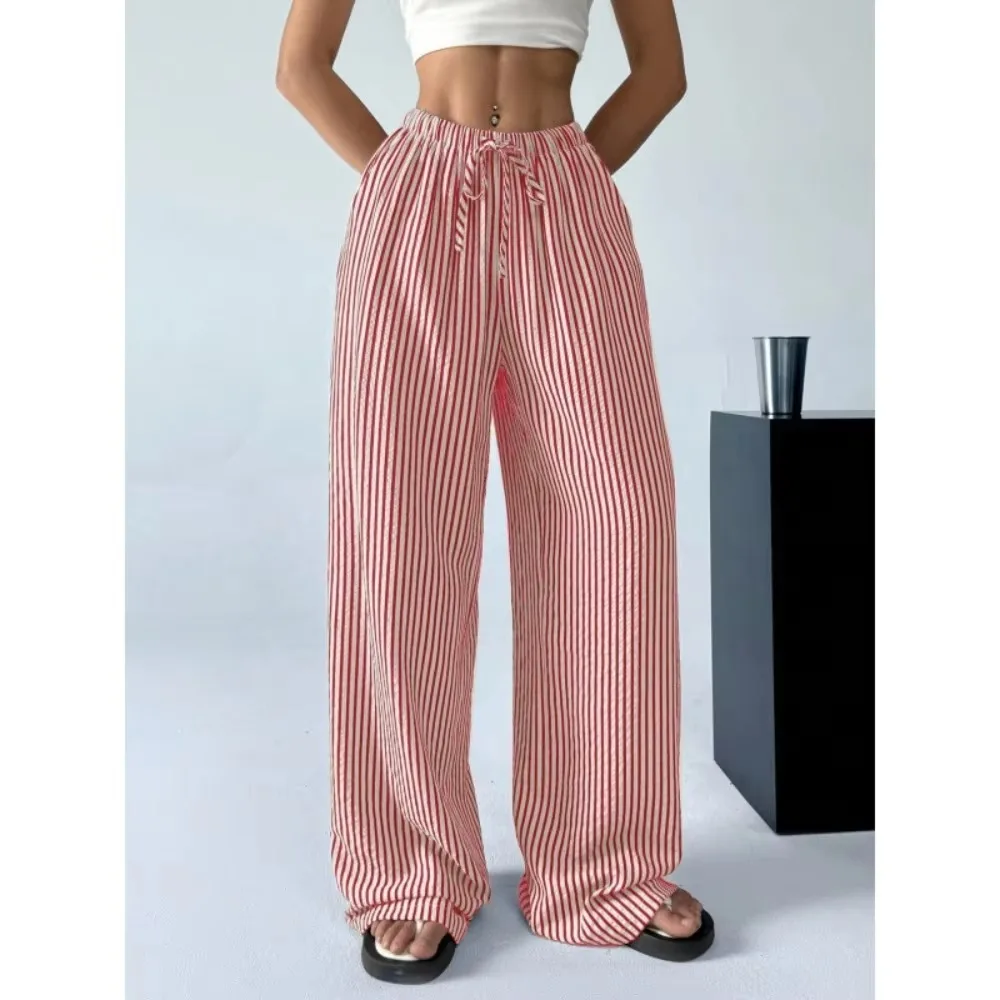 Women Striped Loose Straight Leg Pants High Waist Elastic Breathable Comfy Flattering Casual Daily Streetwear Chic Trousers