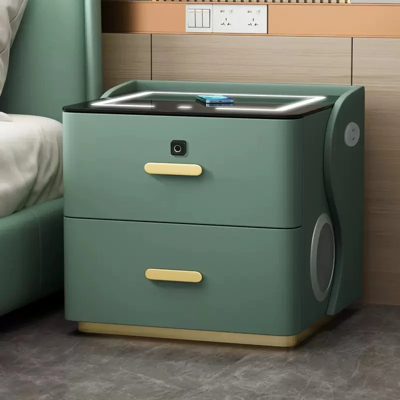 Wooden 2 Drawers Smart Bedside Table with Wireless Charging Modern Style Faux Leather LED Bedroom Nightstand Multi-Function