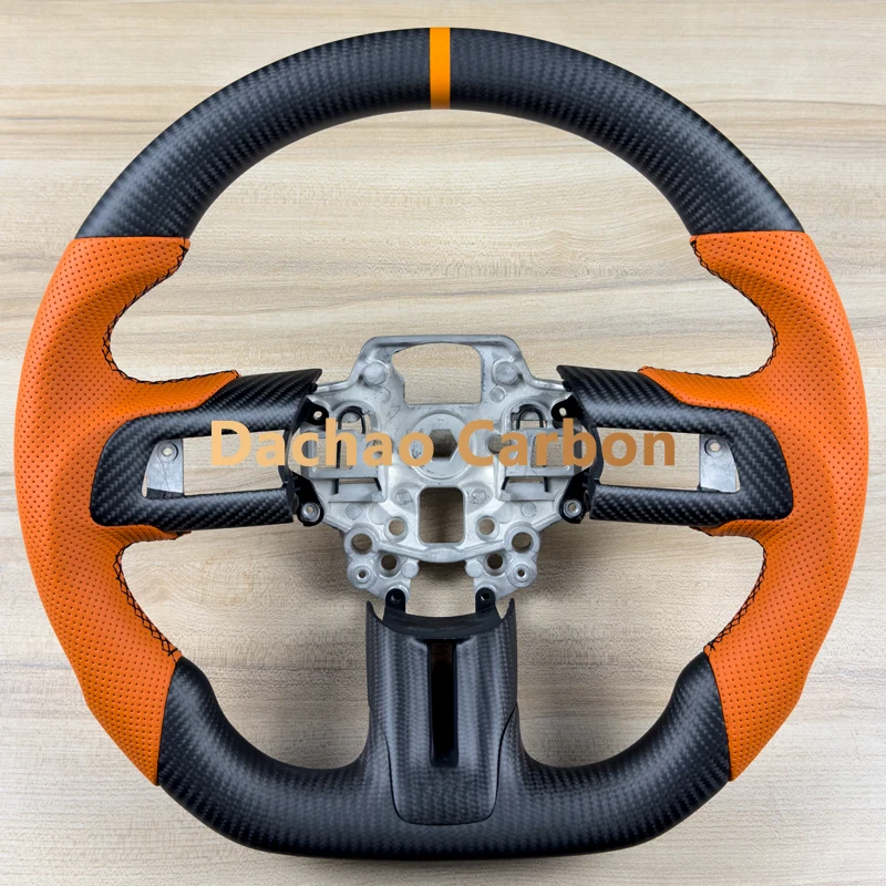 

Orange Marker Matte Real Carbon Fiber Steering Wheel For Ford Mustang 2018-2023 High Quality Leather Sport Custom Style