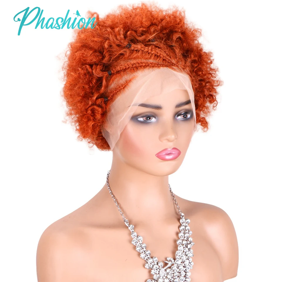 Phashion Short Cornrow Wigs 8 Inches Kinky Curly Afro Braided Wig 13x4 Lace Frontal Braiding Human Hair for Women Wear And Go