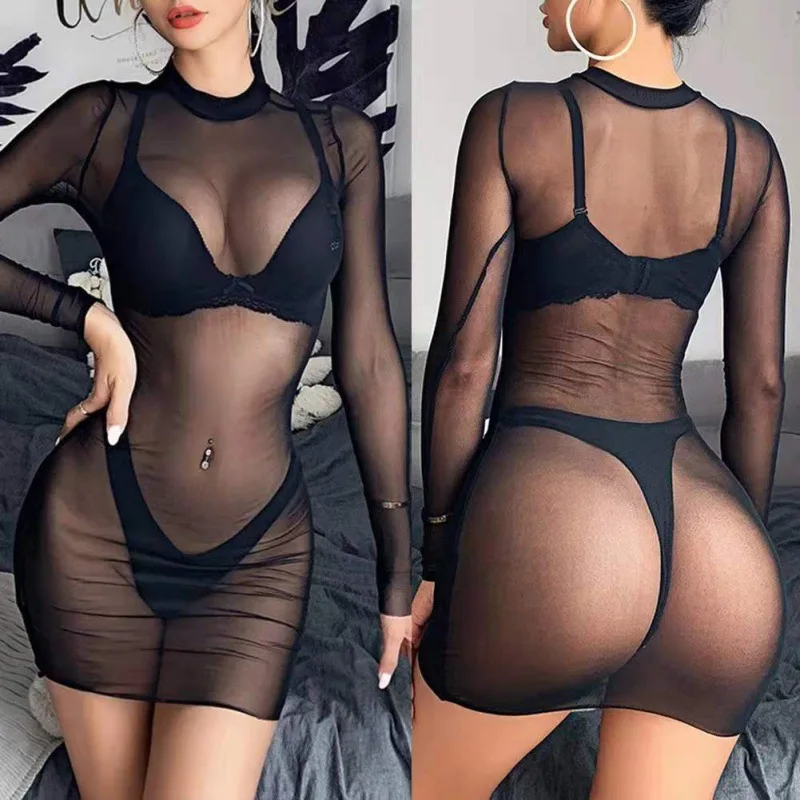 

Sexy Women Transparent Long Sleeve Mesh Dress Ultra-thin See Through Hollow Out Slim Stretchy Sleepwear Exotic Costumes Pajamas