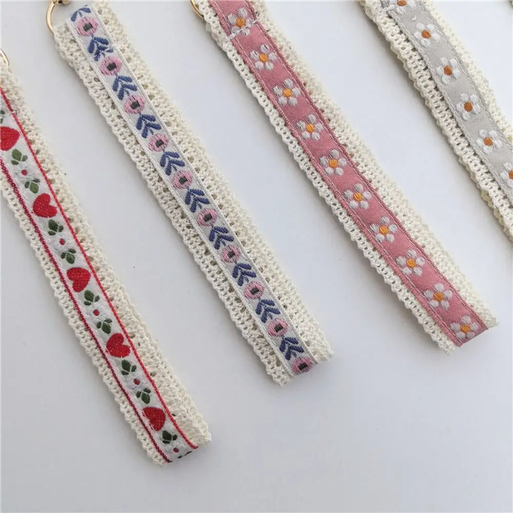 귀여운 분실 방지 레이스 손목 스트랩 천 펜던트 민족 스타일 랜야드 화려한 정교한 장식품 꽃 열쇠고리 소녀용