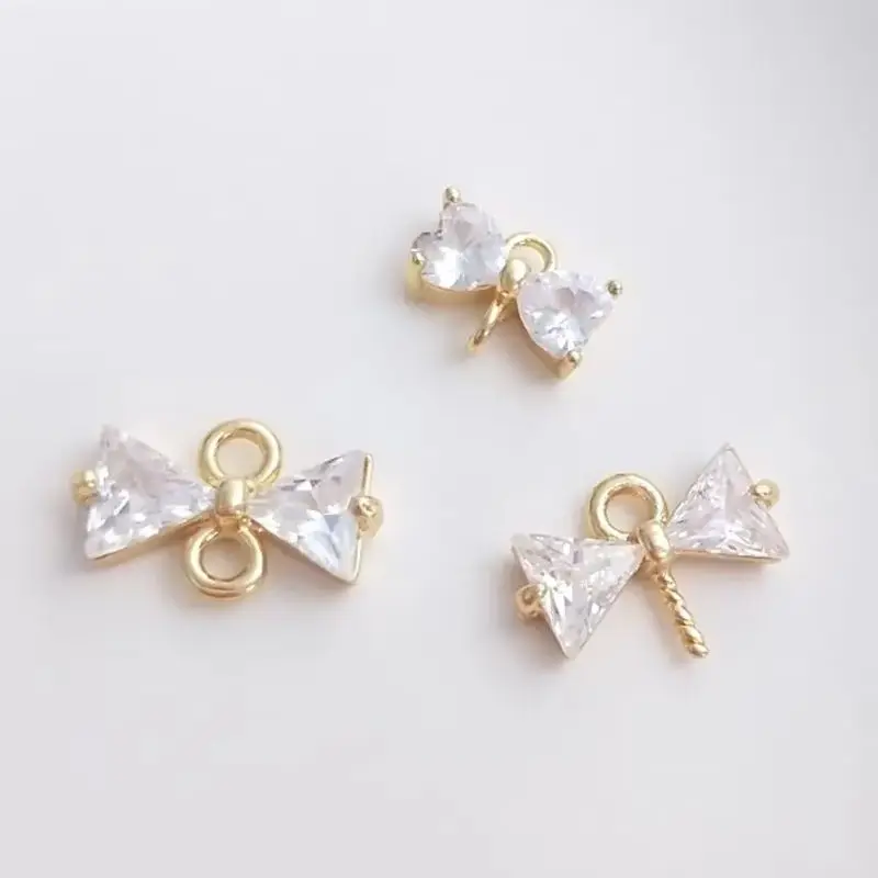 

14K Gold Plated Zircon Bowknot Half Hole Bead Needle Pendant Double Hole Necktie Pendant DIY Bead Holder Accessories C079