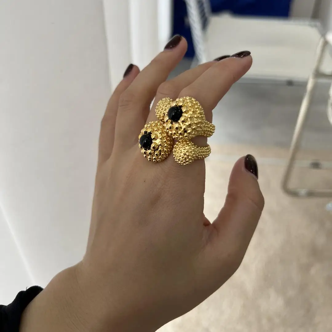 Brass With 18K Statement Double Ball Black Jade Rings Women Jewelry Designer T Show Runway Gown Rare INS Japan Korean Trendy