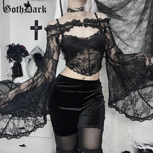 Blusa corta de encaje transparente con botones para centro comercial, Top Sexy gótico de manga acampanada, encogimiento de hombros, flor de hadas, abrigo transparente